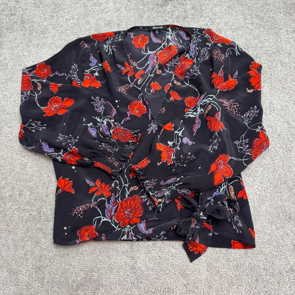 Madewell Silk Wrap Blouse Womens XL Black Red Blue Floral V-Neck Smocked Cuff